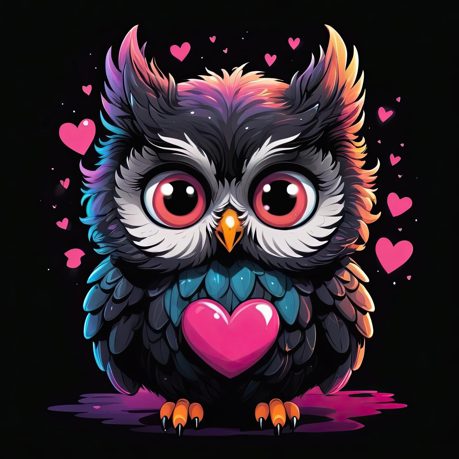 A cute cartoon owl holds a pink heart in its talons, surrounded by other hearts in a dark background