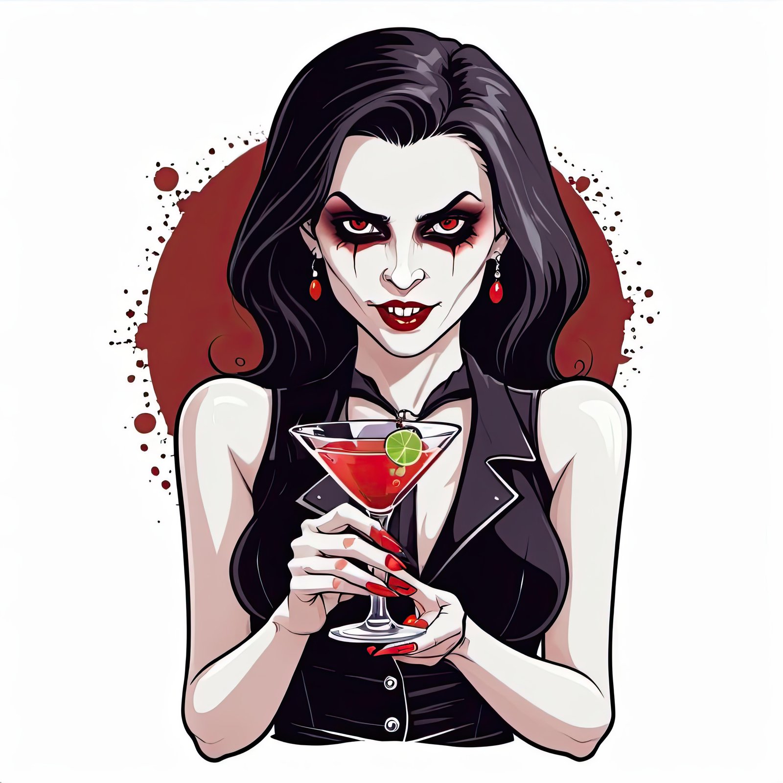 A vampire woman with red eyes and fangs holds a martini glass with a red drink
