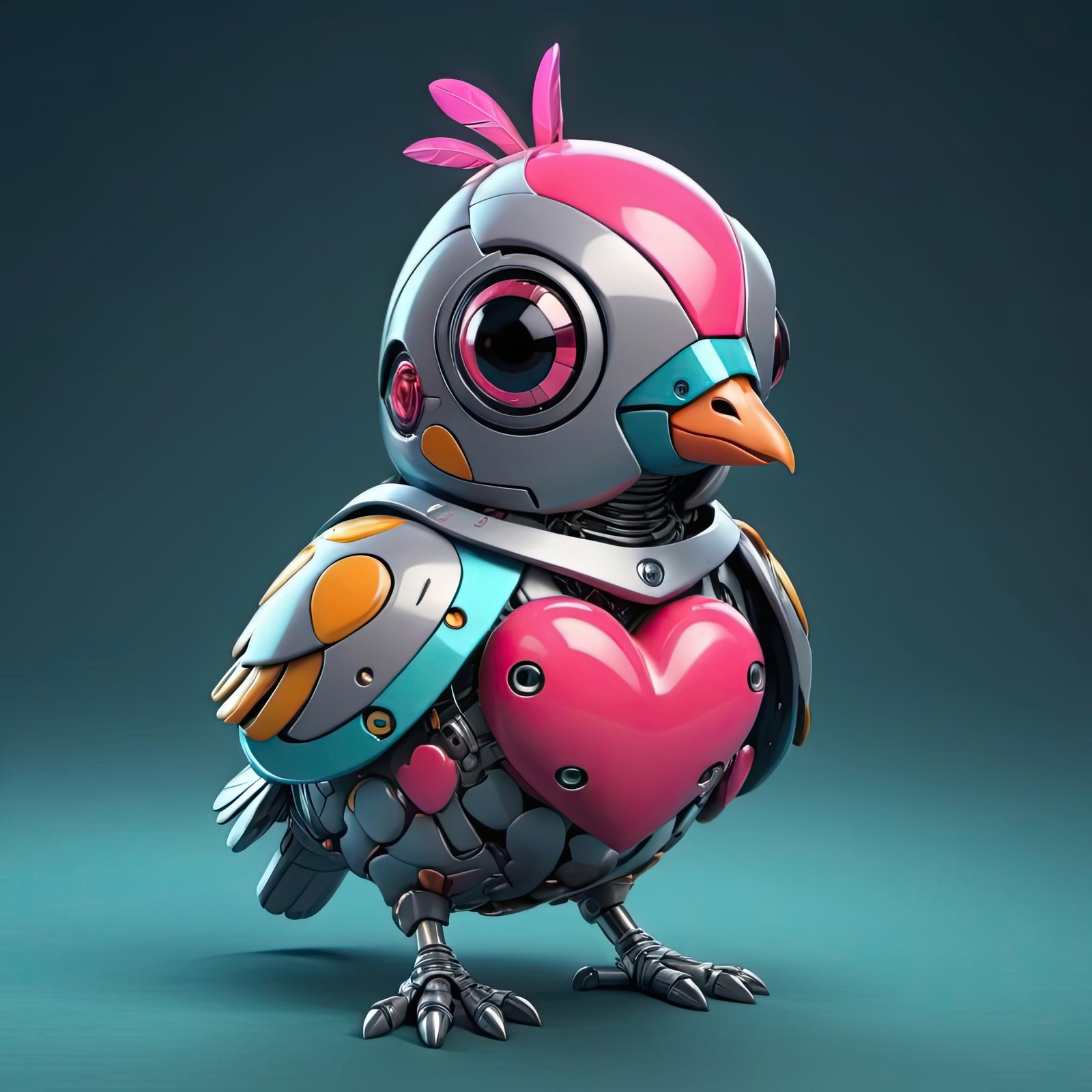 A colorful robot bird with a heart on its chest stands against a teal background