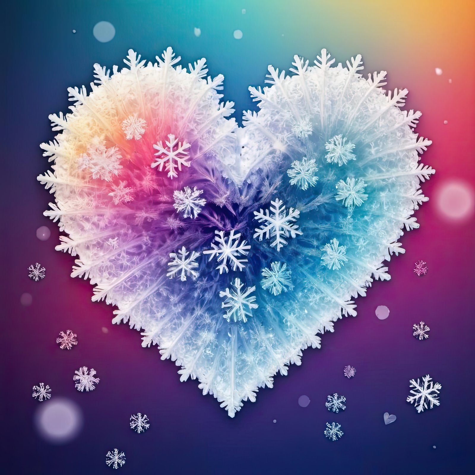 A large snowflake in the shape of a heart is surrounded by smaller snowflakes on a colorful background