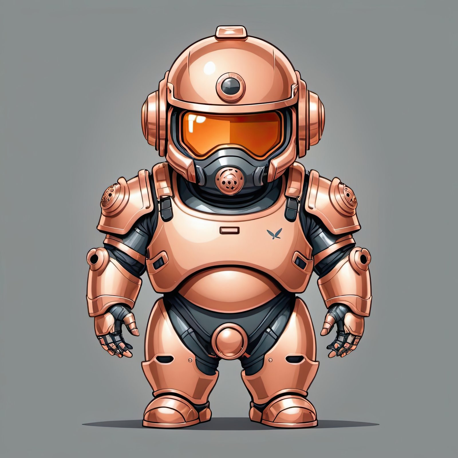 A copper-colored robot stands with its arms at its sides, wearing a helmet and full body armor