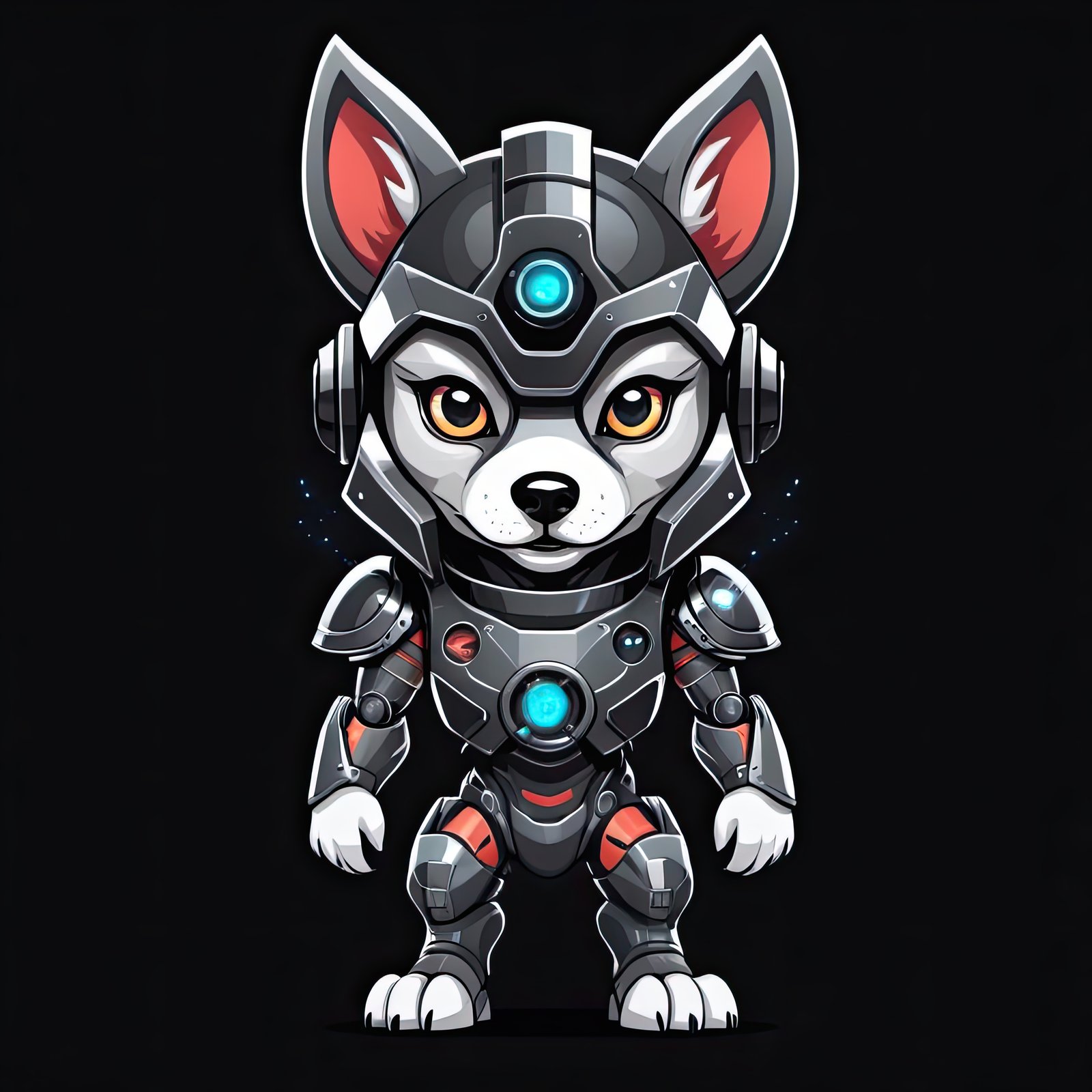 A cute, robotic wolf wearing a black and silver suit stands against a black background