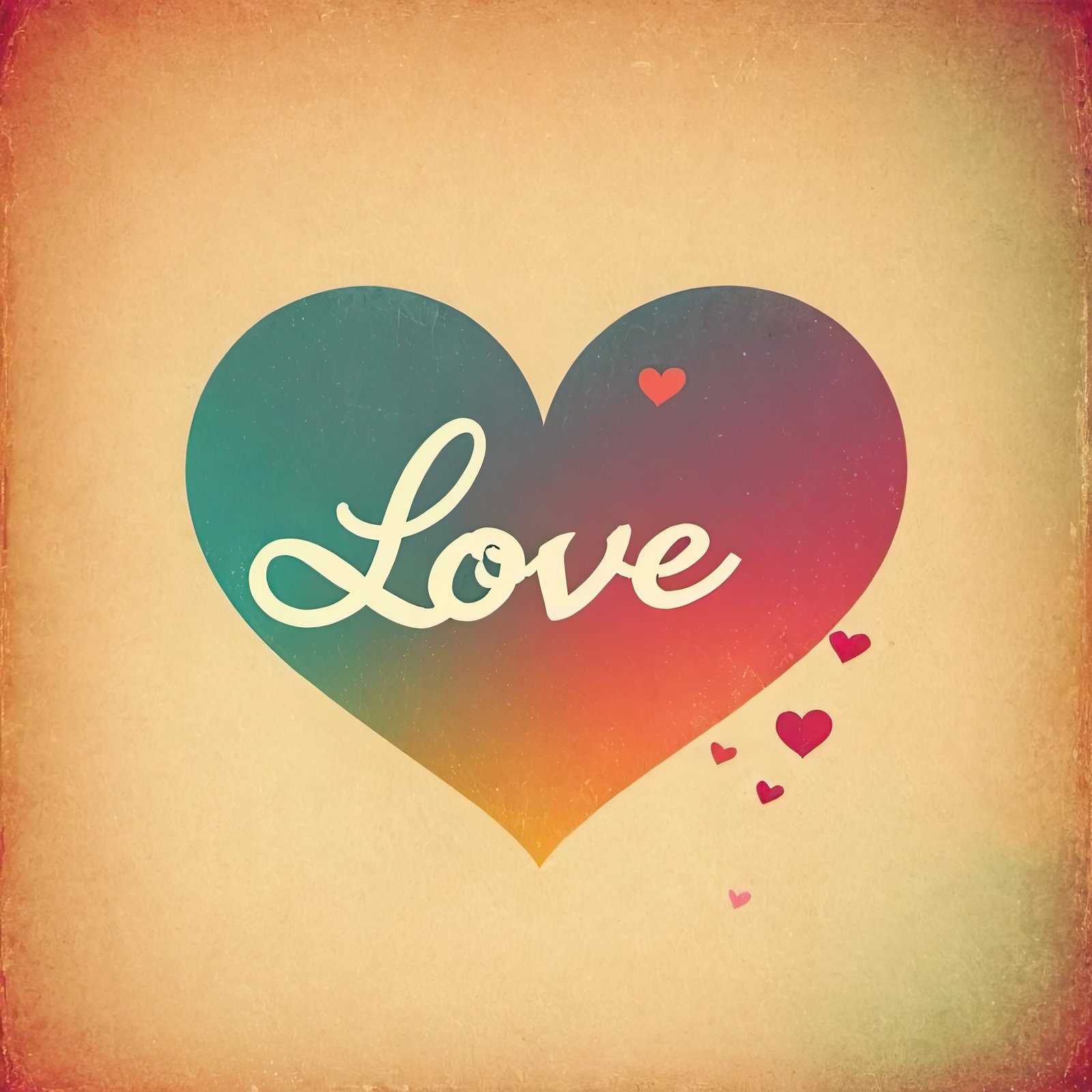 A colorful heart with the word Love written in it, surrounded by smaller hearts on a vintage background