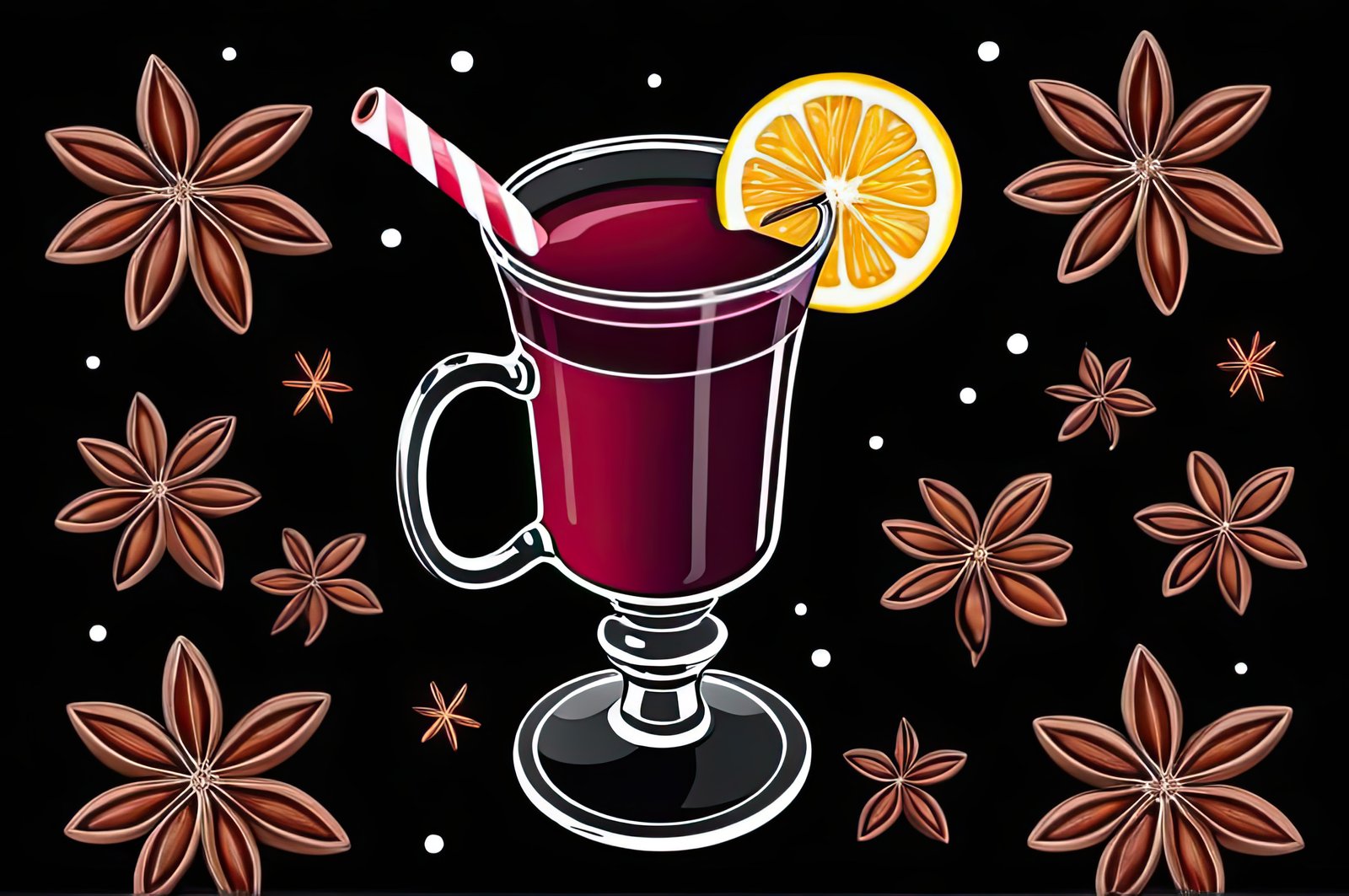 A glass of red wine with a lemon wedge and a straw, surrounded by star anise