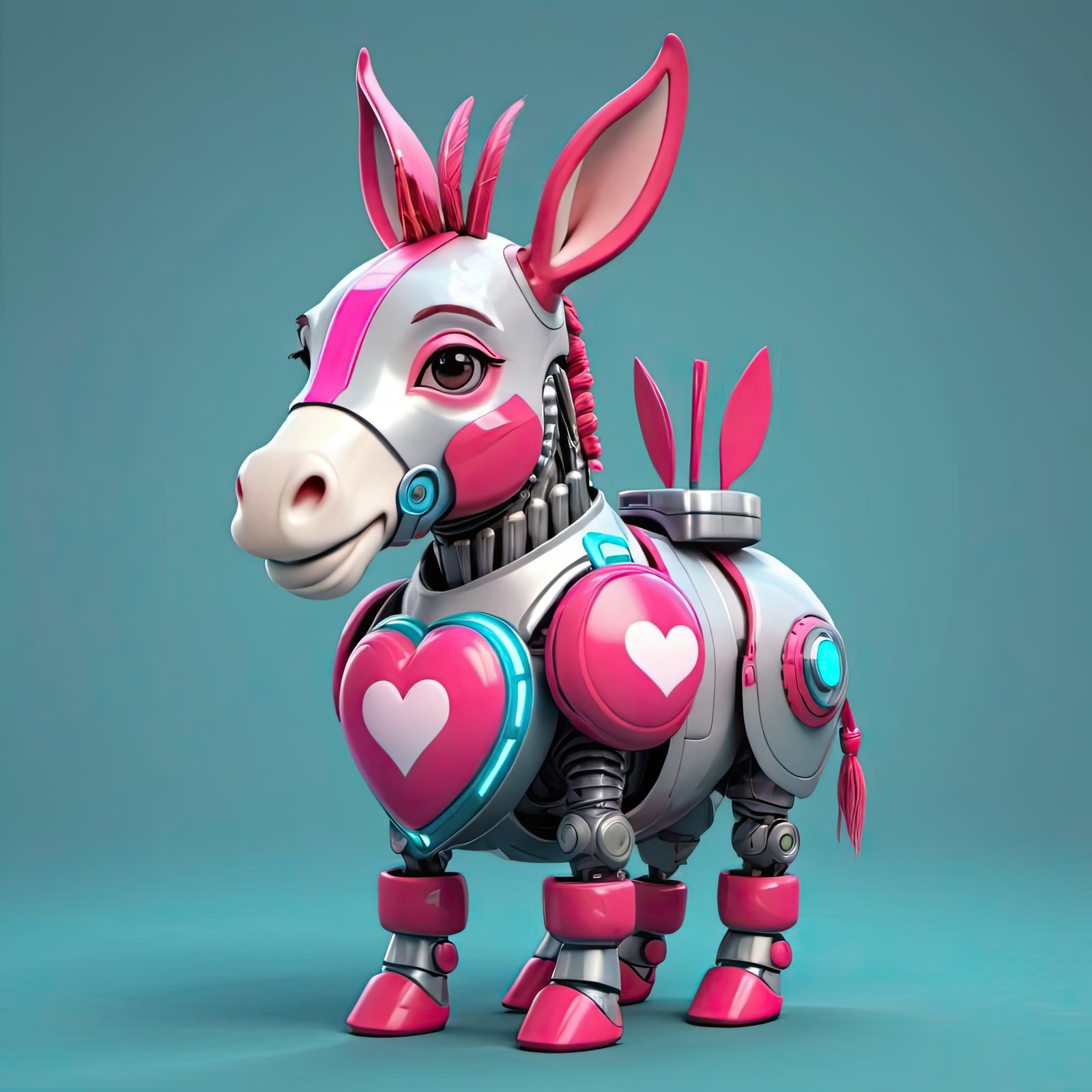 A pink and white robotic donkey stands on a teal background