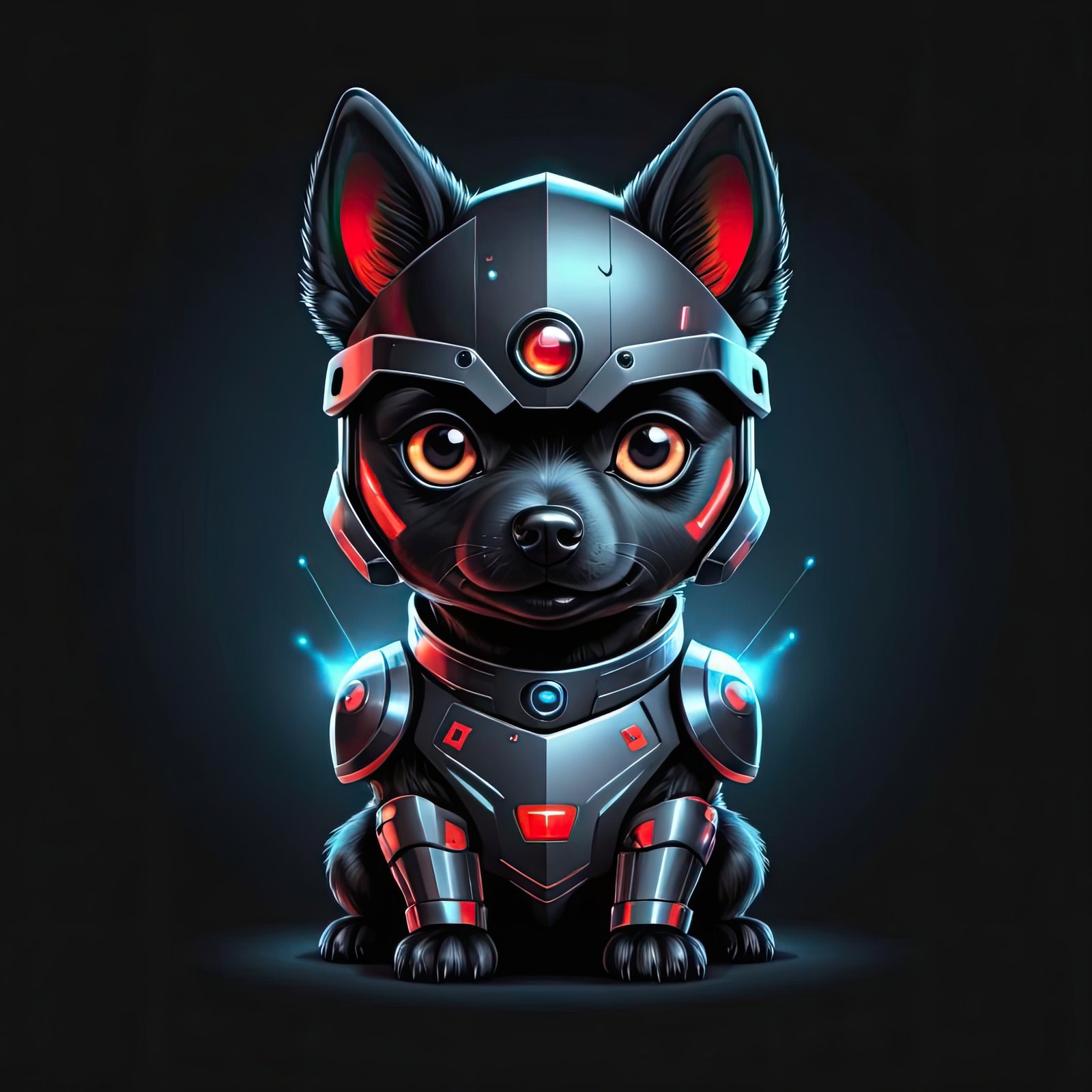 A black dog wearing futuristic armor sits in front of a dark blue background